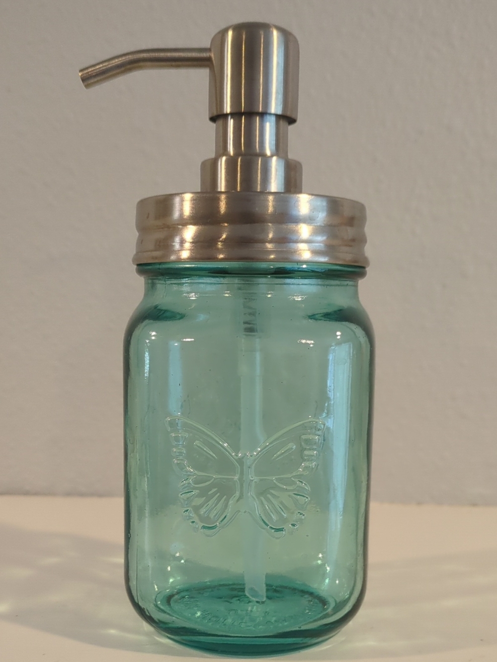 Glass Mason Soap Dispenser - Aqua with Butterfly